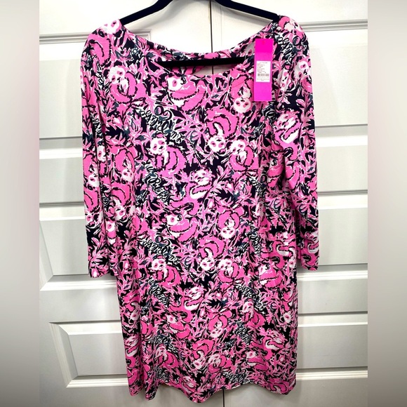 Lilly Pulitzer Bay Dress Hibiscus Pink Hangin My Boo XL Extra Large Pink Puppy - Picture 1 of 8